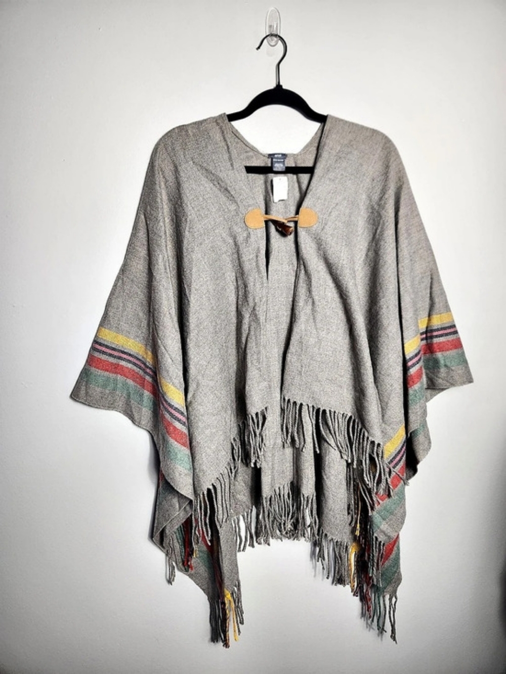 NWT Aerie Gray Toggle Stripe Fringe Poncho Cape Wrap Open Front Cozy One Size